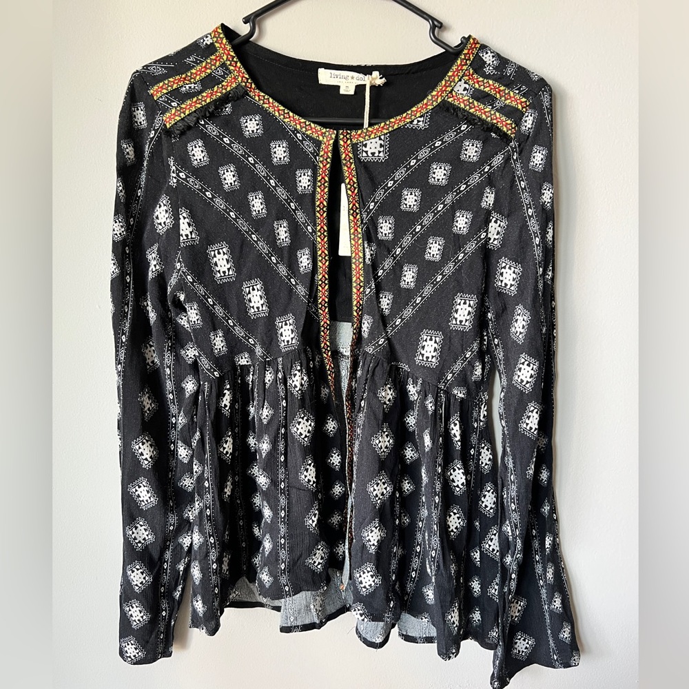 Living Doll Boho Babydoll Black Aztec Layering Top Size Medium New With Tags